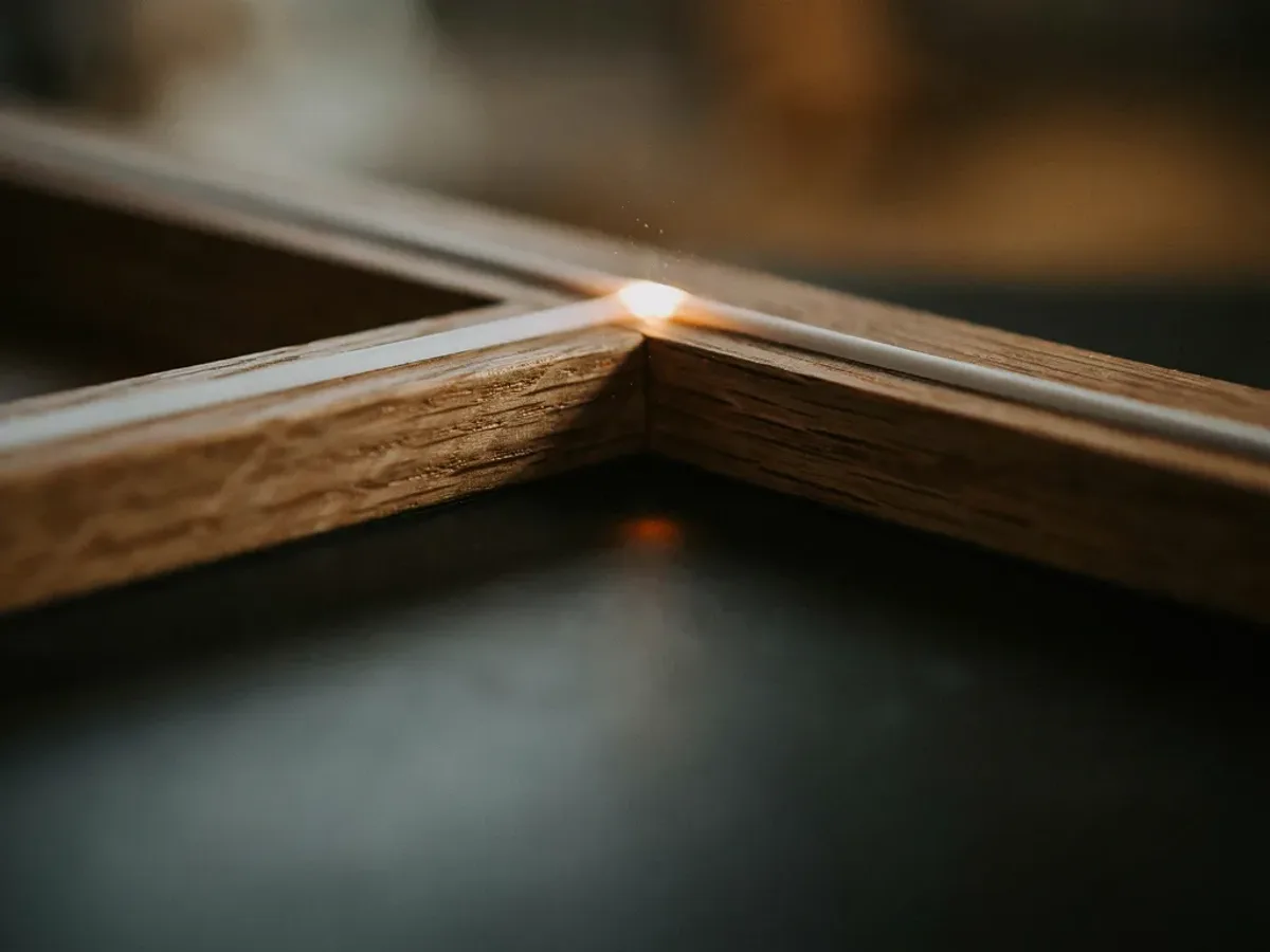 Close-up of the frosted light-diffuser strip glowing warm along the inner edge of the oak frame.