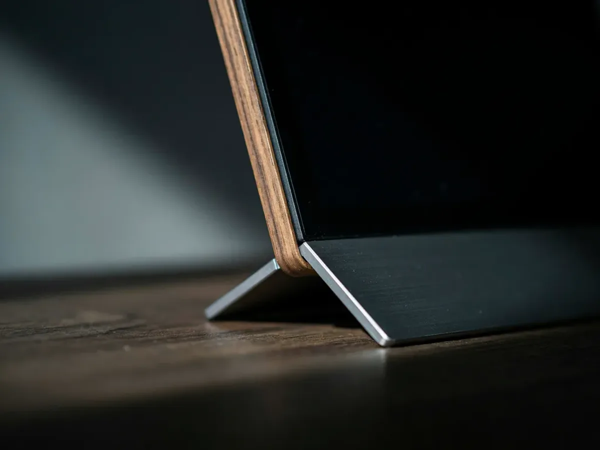 Close-up of the brushed-aluminum kickstand and its polished hinge propping the wooden frame on a table.