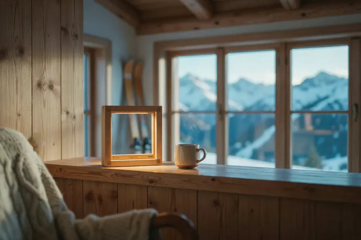 Concept of the instrument glowing on a ski-chalet windowsill, skis in the corner and snowy alpine peaks beyond.