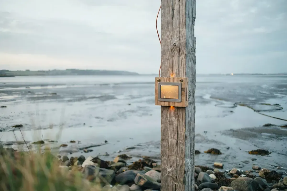 Concept of a small wood-framed Salt Light Edge node deployed on a weathered post at a remote tidal inlet.