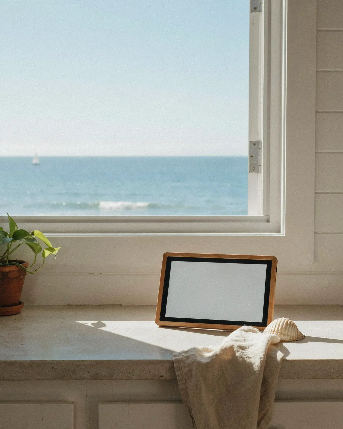 Salt Light Instrument on a windowsill above the sea, showing the Sea screen with surf, water temperature and shark activity.