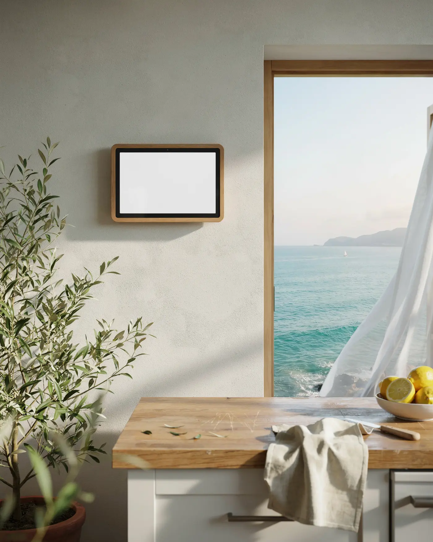 Salt Light Instrument wall-mounted in a sunlit coastal kitchen, showing the Sky screen with the moon phase and an overhead star map.