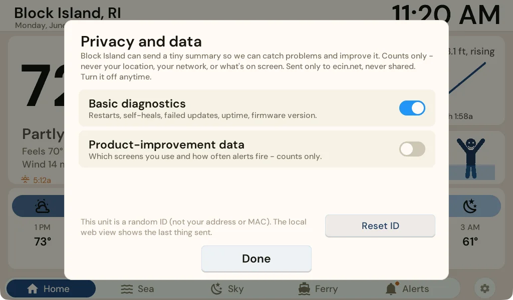 The Salt Light Instrument showing its Privacy and data screen: Basic diagnostics on, Product-improvement data off, with a Reset ID button.