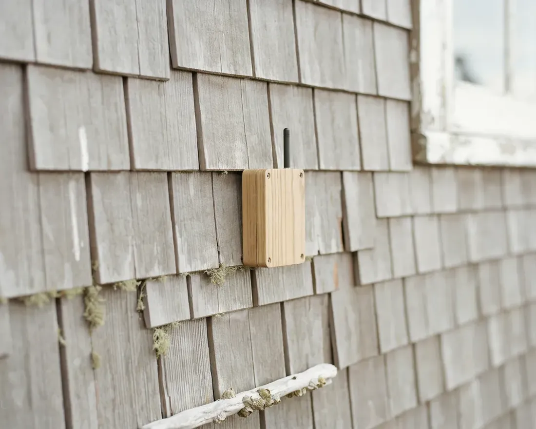 A small wood-cased sensor with a short antenna, mounted on a weathered cedar-shingle wall so it blends in.