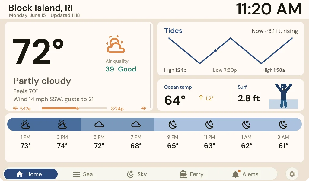 The Salt Light Instrument Home screen: temperature, air quality, the day's tide curve and the next hours.